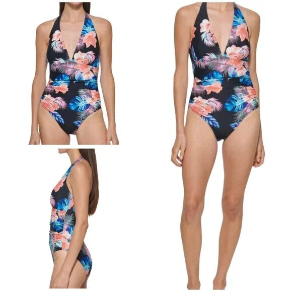 DKNY Womens Size S Island Tropical Print Shirred‎ Waist Halter Swimsuit NWT - Picture 4 of 7